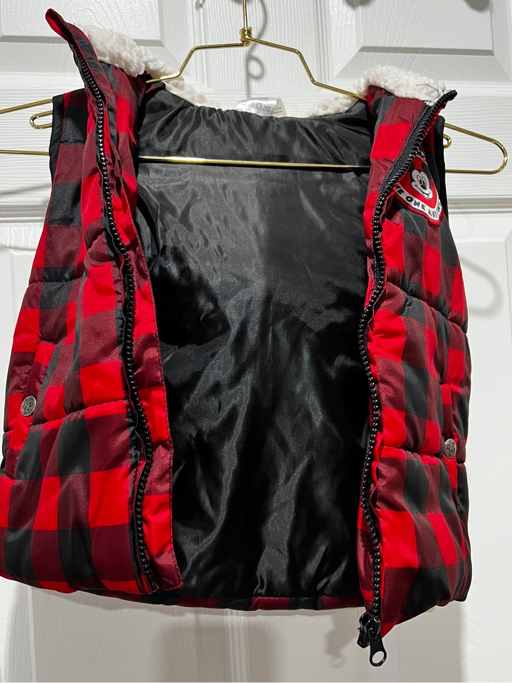 Disney Junior Mickey Hooded Plaid Puffer Vest Jacket Size 4 Toddler Kids - Picture 3 of 9